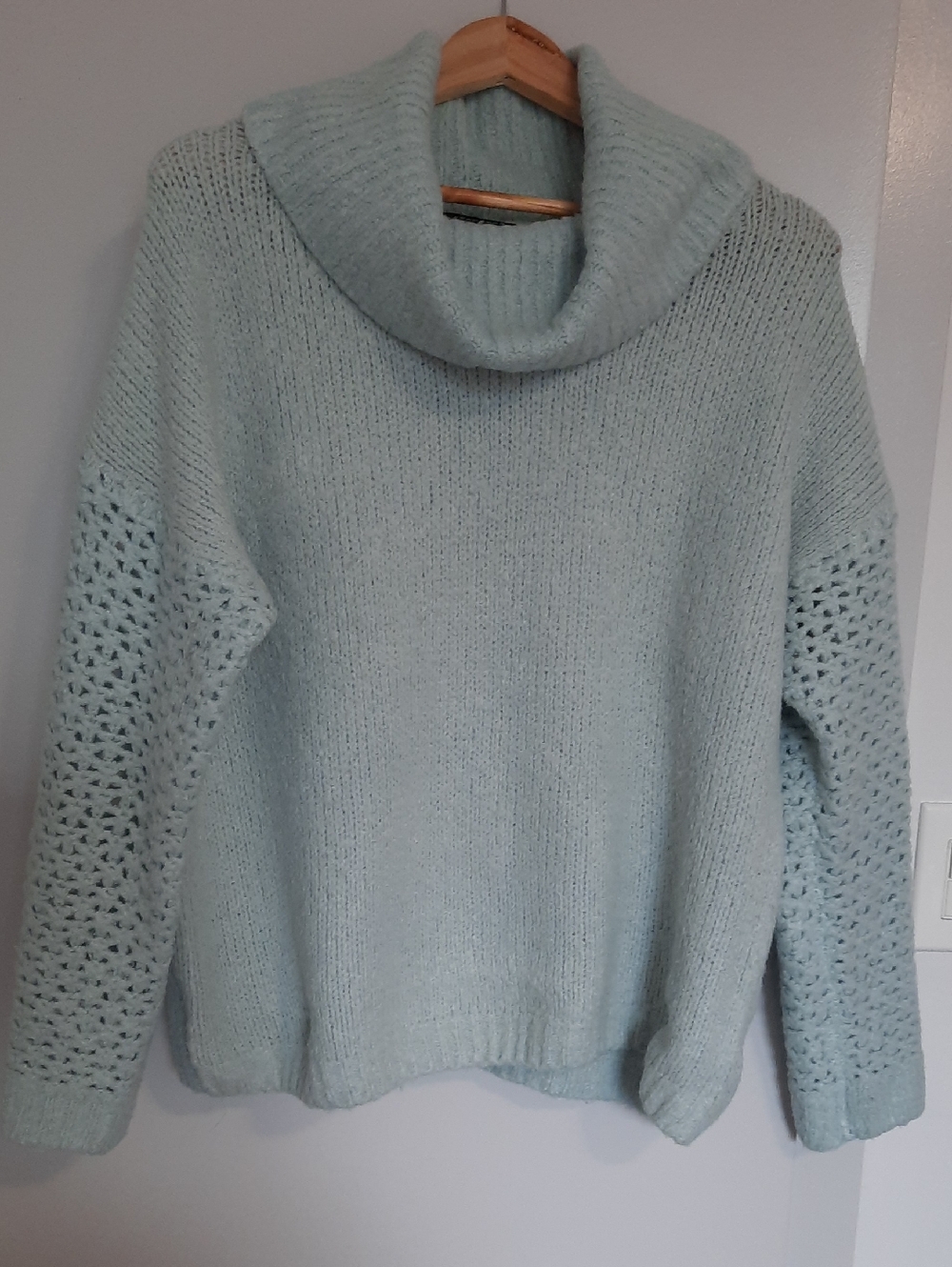 Light Mint / Eggshell Blue Cowl Neck Sweater with Open Knit Sleeves